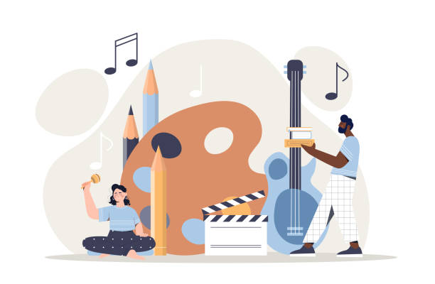 A symphony of the arts, where instruments, pencils, and films meet in creative harmony.